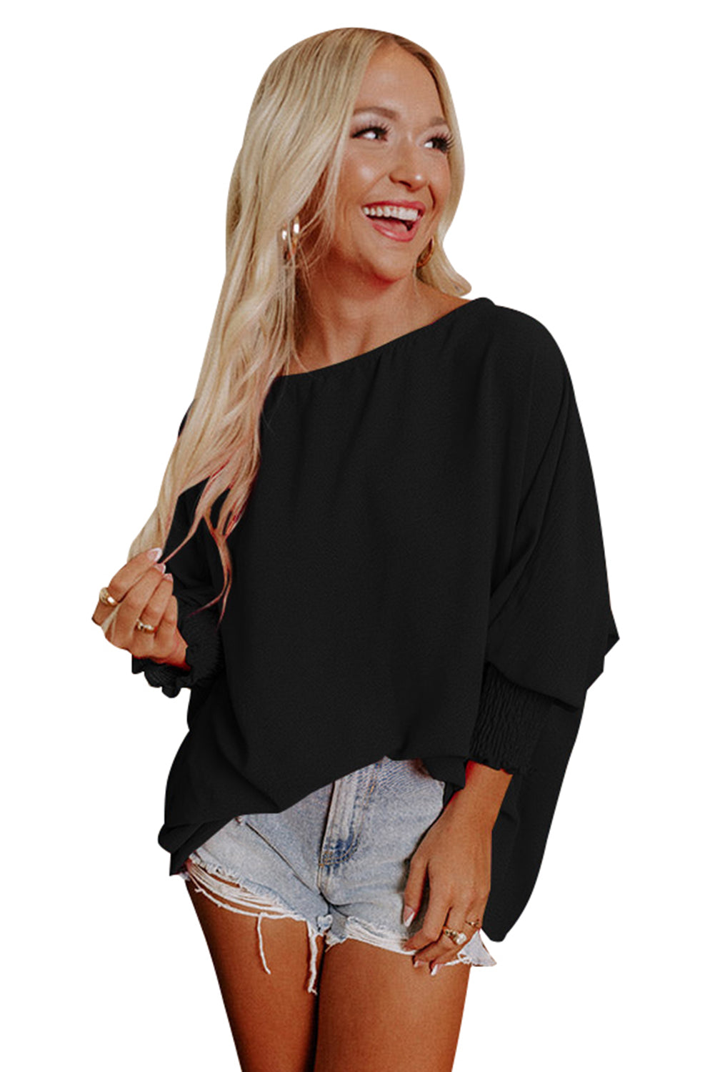 Apricot Solid Casual Smocked Cuffs Batwing Sleeve Blouse - Cowaa