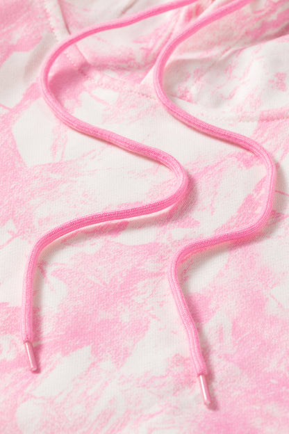 Pink Abstract Print Loose Hoodie Slim Shorts 2pcs Set