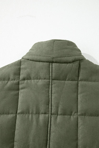 Green Zip-Up Pocket Quilted Jacket - Cowaa