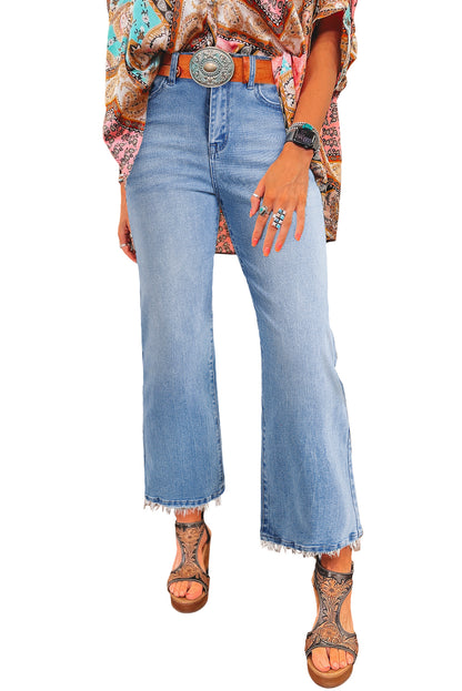Sail Blue Mineral Wash Raw Hem High Waist Flared Jeans - Cowaa