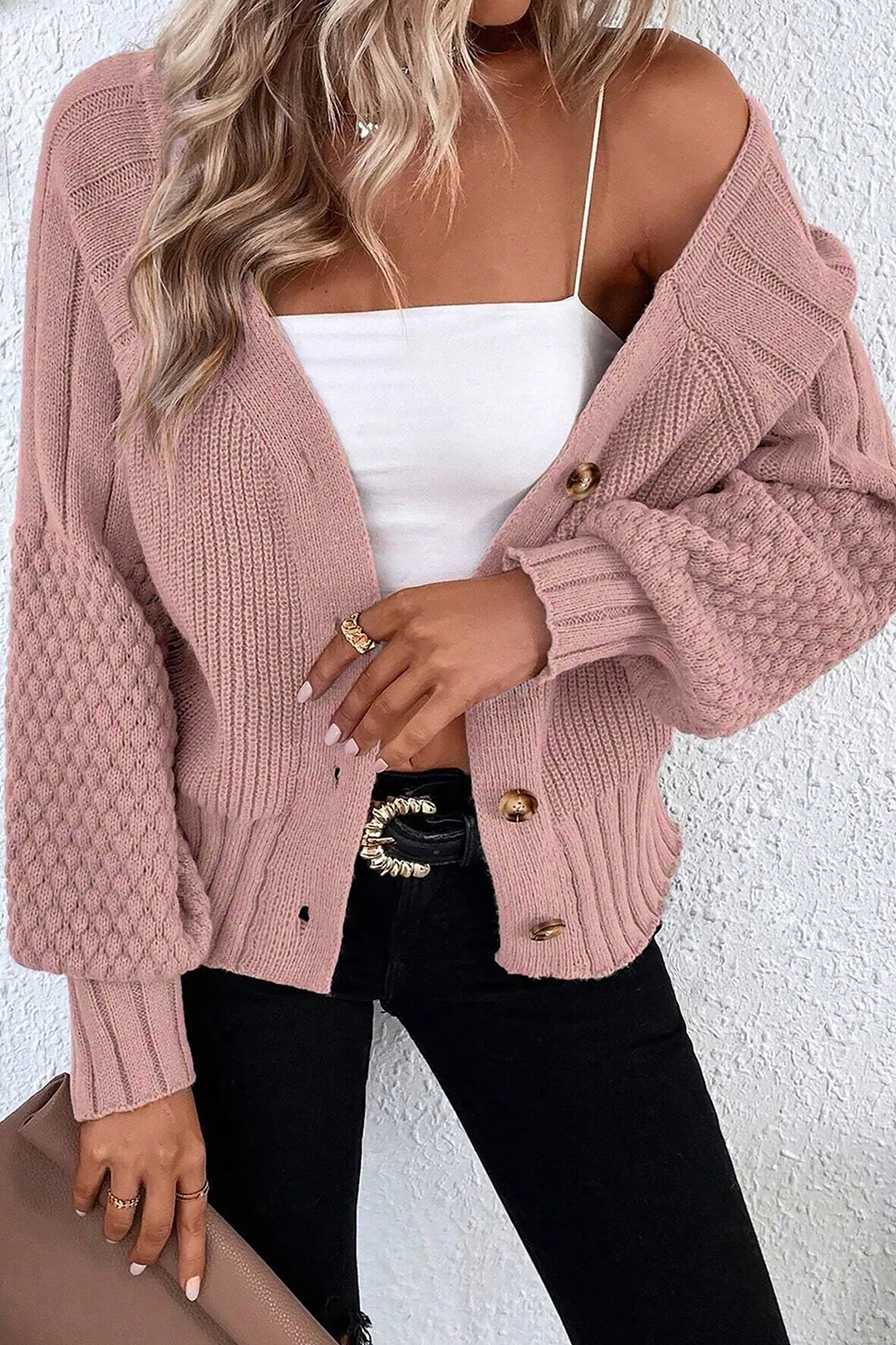Light Pink Mixed Texture Knit Button V Neck Sweater Cardigan - Cowaa