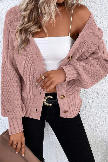 Light Pink Mixed Texture Knit Button V Neck Sweater Cardigan - Cowaa