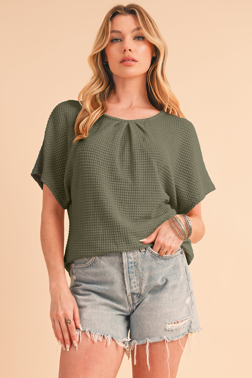 Oatmeal Guipure Lace Splicing Back Waffle Textured T-shirt - Cowaa