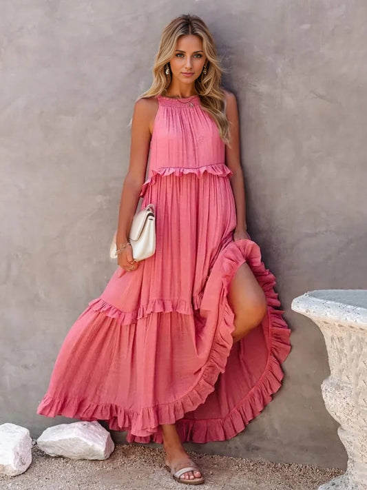 Ruffled Sleeveless Tiered Maxi Dress with Pockets - Cowaa