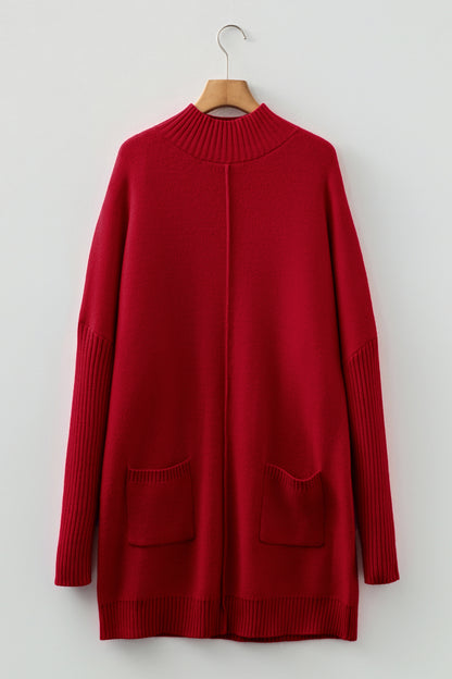 Fiery Red Ribbed High Neck Front Pockets Center Seam Shift Sweater Dress