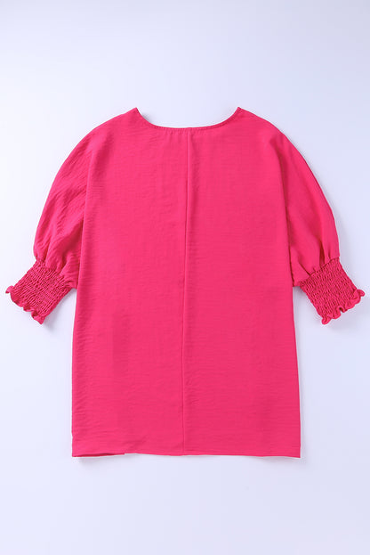 Apricot Solid Casual Smocked Cuffs Batwing Sleeve Blouse - Cowaa