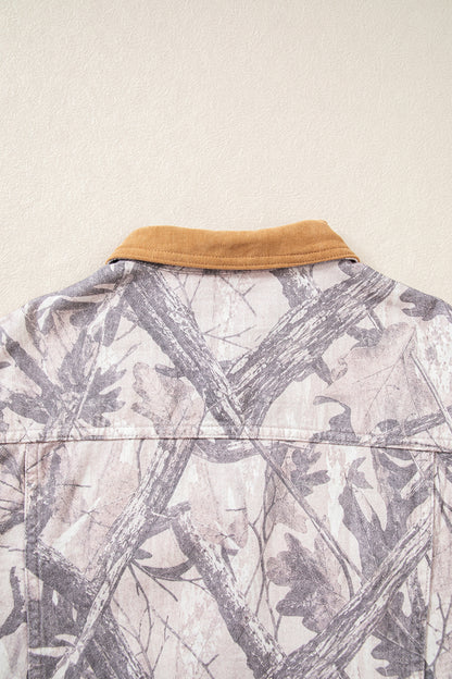 Gray Abstract Camo Print Colorblock Collar Oversized Shift Silhouette Denim Jacket