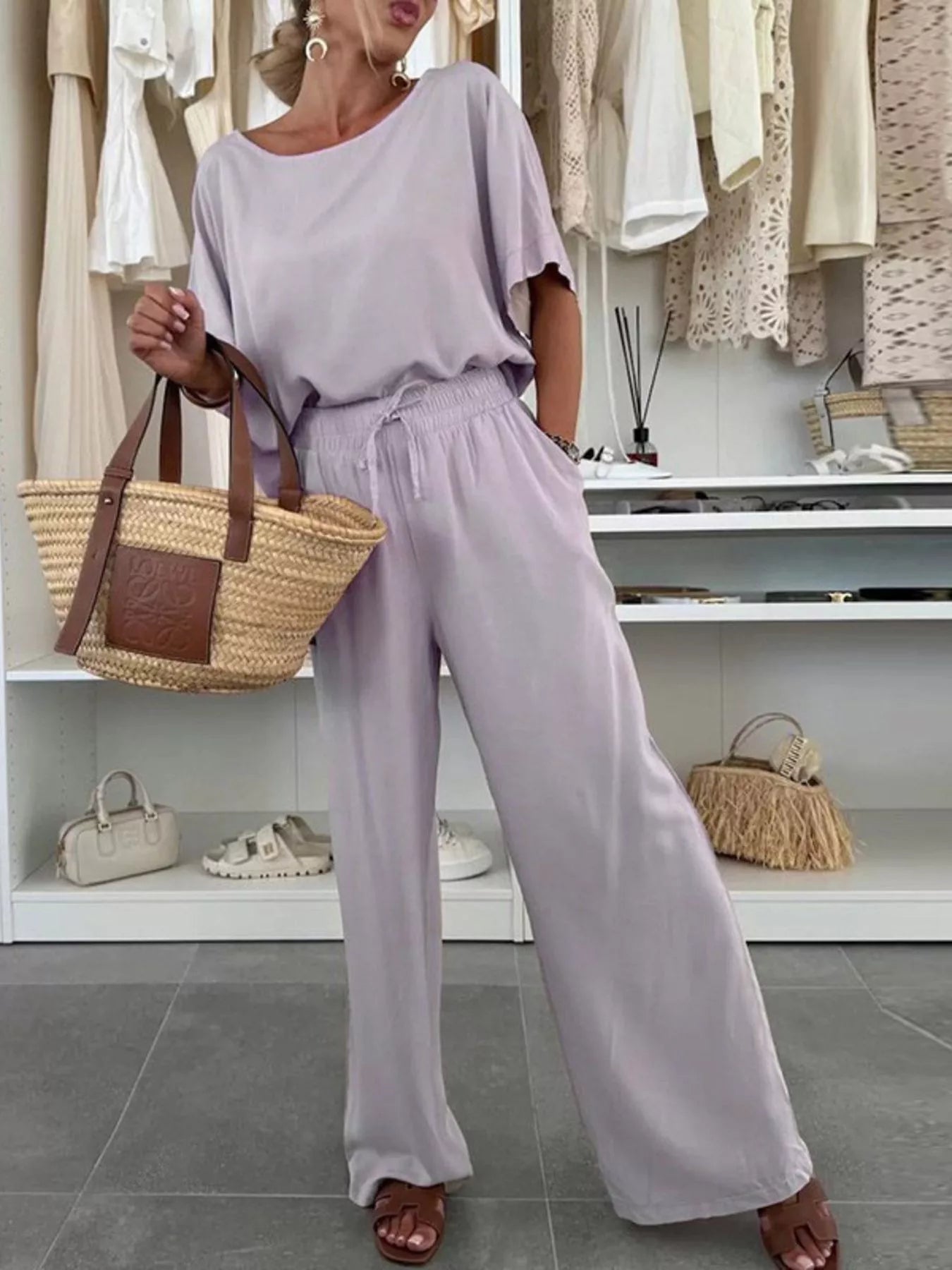 Full Size Casual Loose Round Neck Top and Pants Two-Piece Set Plus Size.