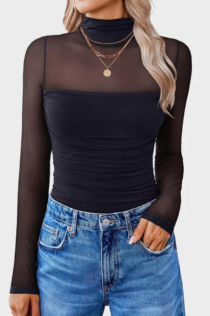 Black Sheer Mesh Patchwork High Neck Long Sleeve Top - Cowaa