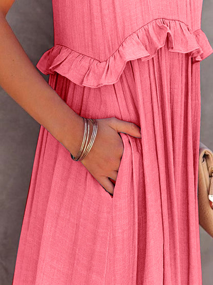 Ruffled Sleeveless Tiered Maxi Dress with Pockets - Cowaa