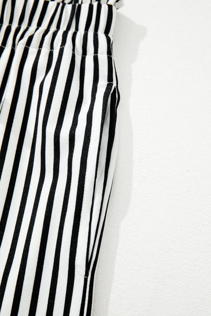 Black Stripe Tied High Waist Loose Straight Casual Pants - Cowaa