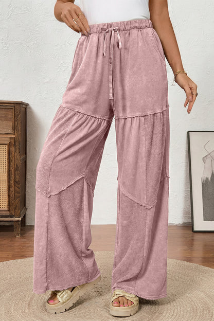 Straw Yellow Mineral Wash Tiered Wide Leg Patchwork Drawstring Pants - Cowaa