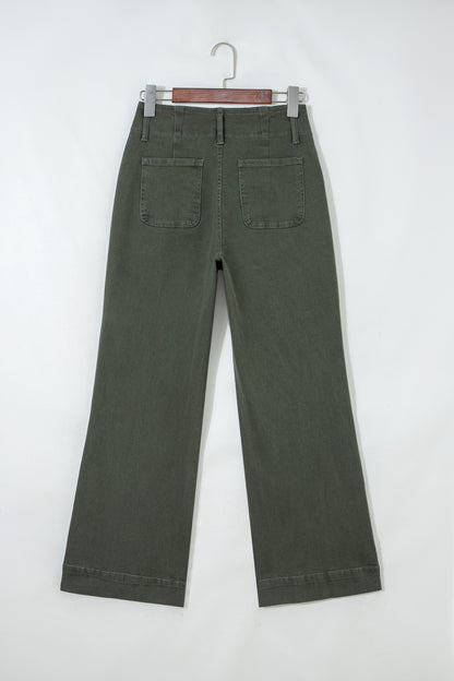 Mist Green 2-Button High Waist Flared Bottom Jeans - Cowaa