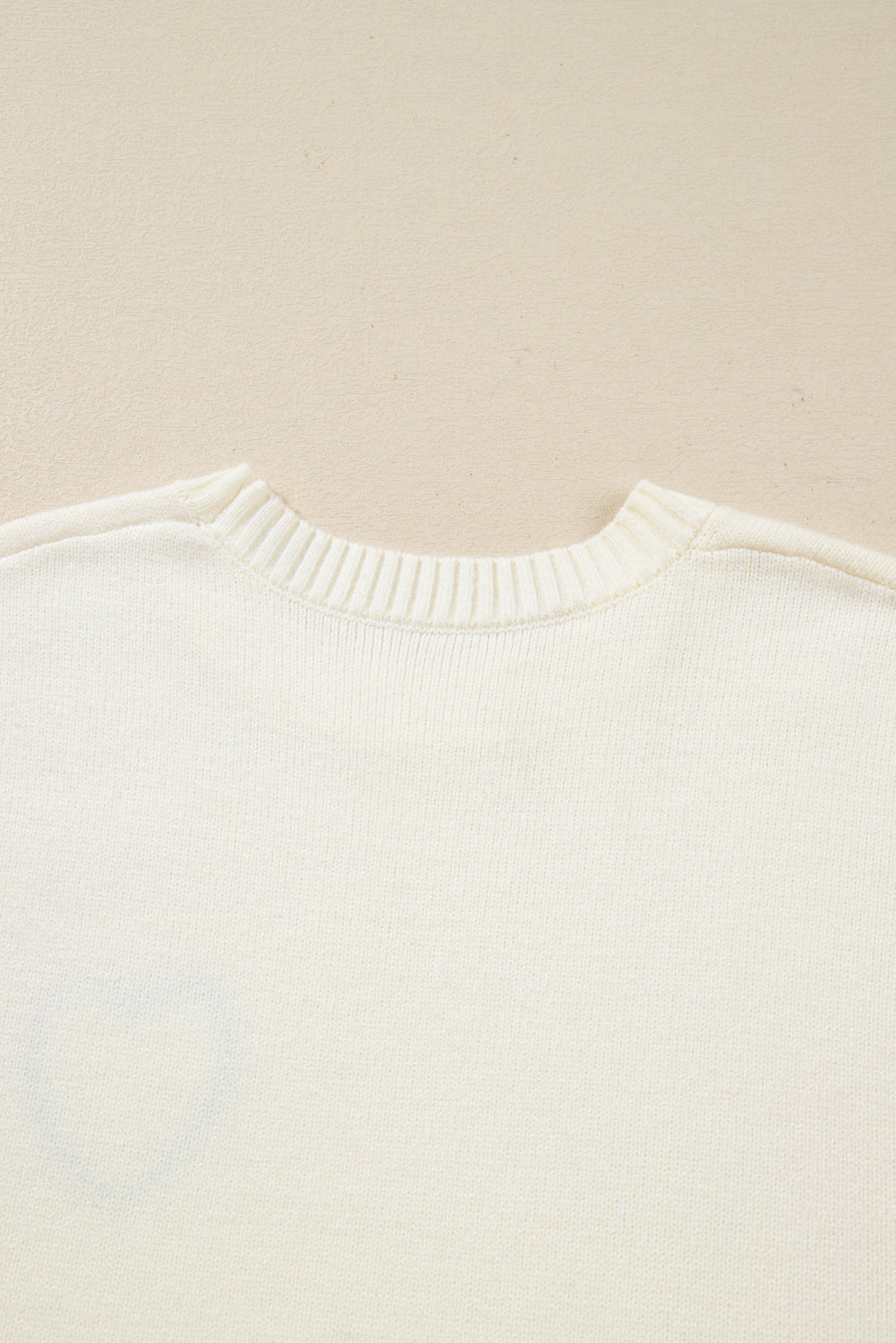 White Plaid Heart Embroidered Cuffed Drop Shoulder Crew Neck Sweater