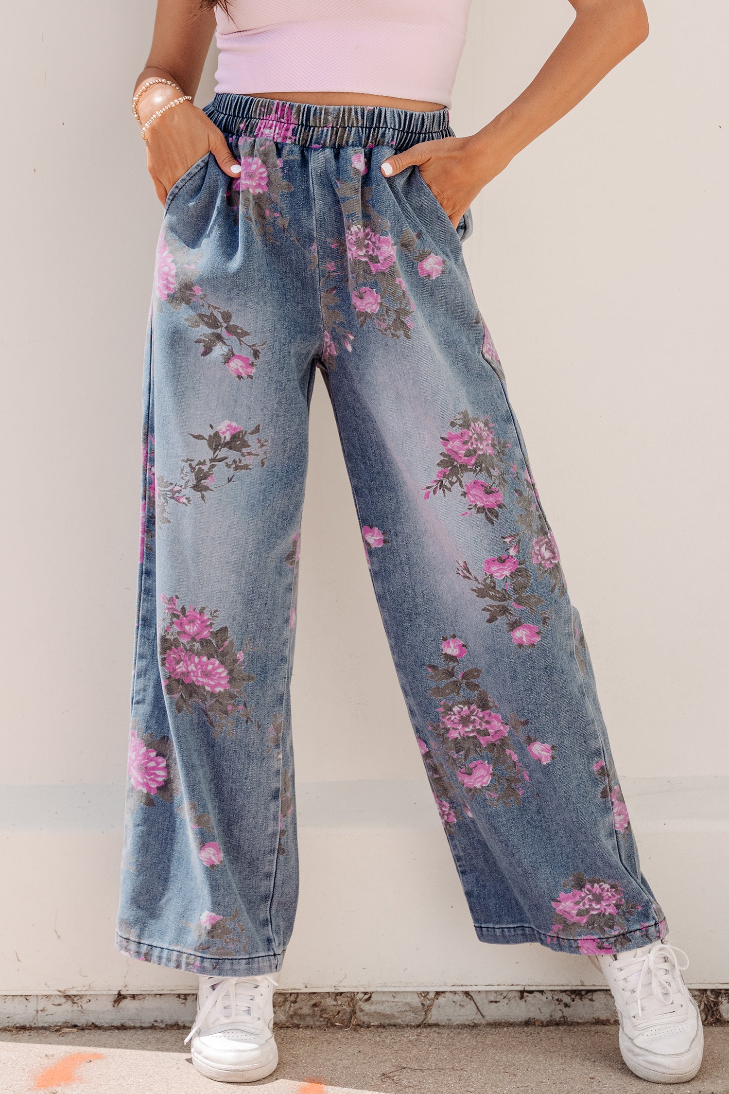 Beau Blue Floral Print Elastic Waist Pull On Casual Jeans - Cowaa