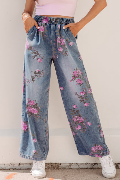 Beau Blue Floral Print Elastic Waist Pull On Casual Jeans - Cowaa