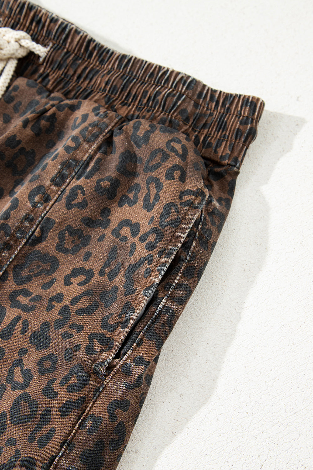 Brown Leopard Print Elastic Waist Drawstring Denim Skort - Cowaa