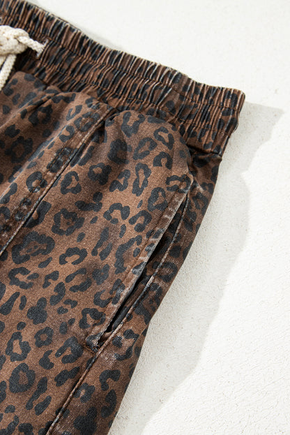Brown Leopard Print Elastic Waist Drawstring Denim Skort - Cowaa