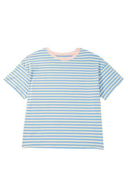 Sky Blue Stripe Plus Size Drop Shoulder Contrast Trim Round Neck Tee