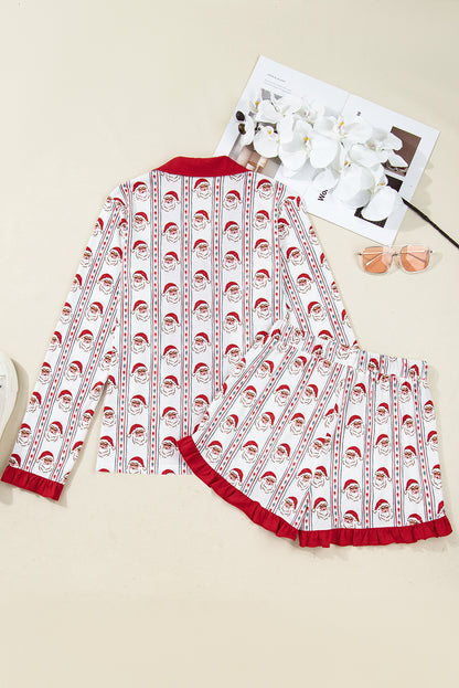 White Christmas Santa Claus Contrast Ruffle Trim Pajama Set - Cowaa