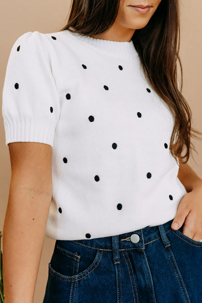 White Elegant Polka Dot Bubble Short Sleeve Sweater - Cowaa