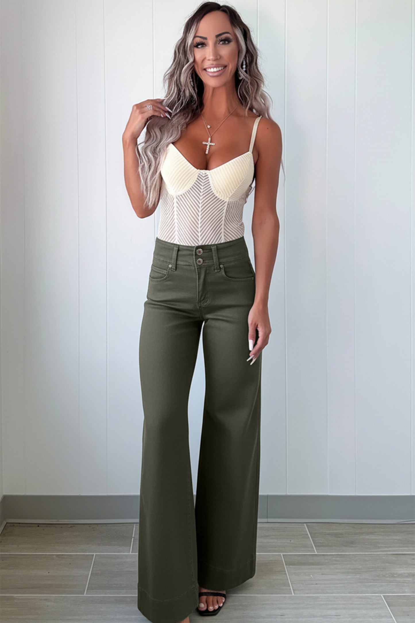 Mist Green 2-Button High Waist Flared Bottom Jeans.