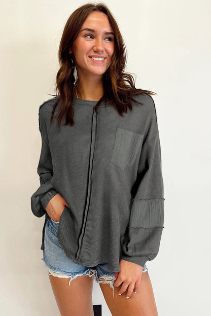 Crinkle Patchwork Long Sleeve Top - Cowaa