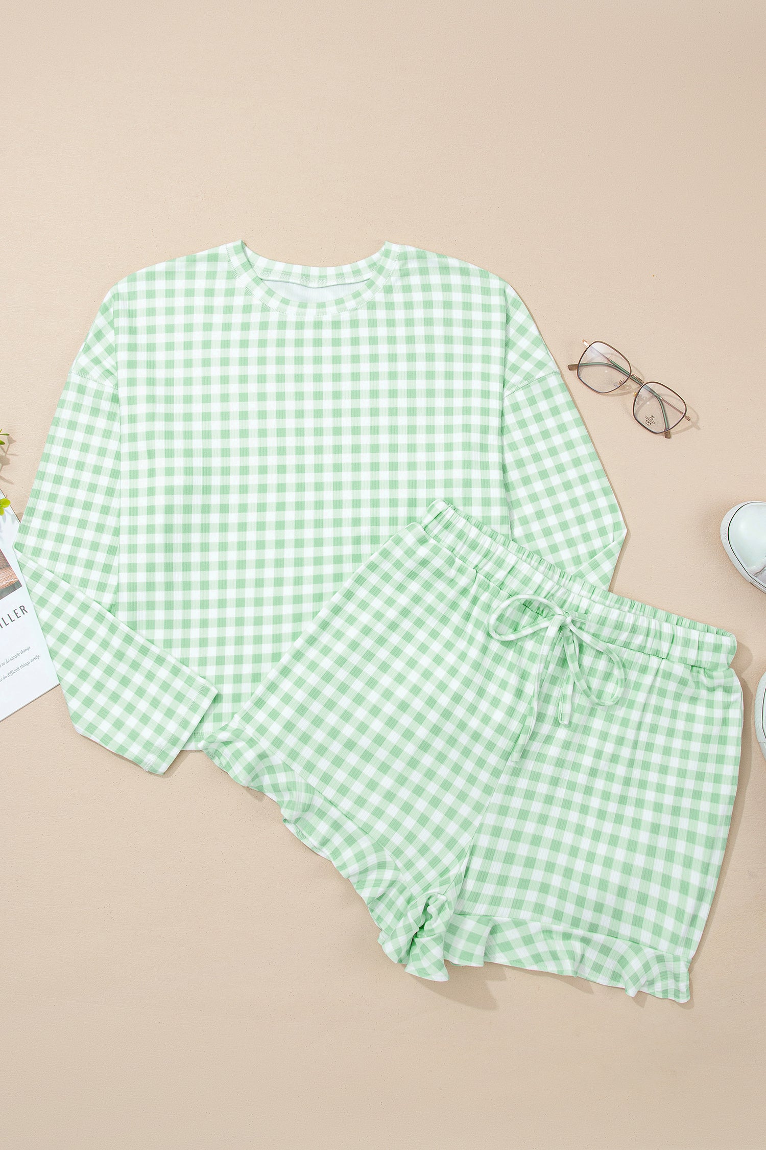 Green Gingham Long Sleeve Loose Top Drawstring Shorts 2pcs Lounge Set - Cowaa