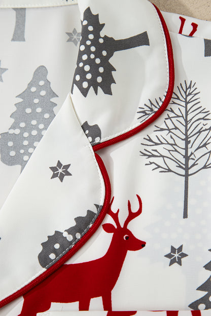 White Christmas Fashion Print Velvet Trim Bow Knot Pajama 2pcs Short Set