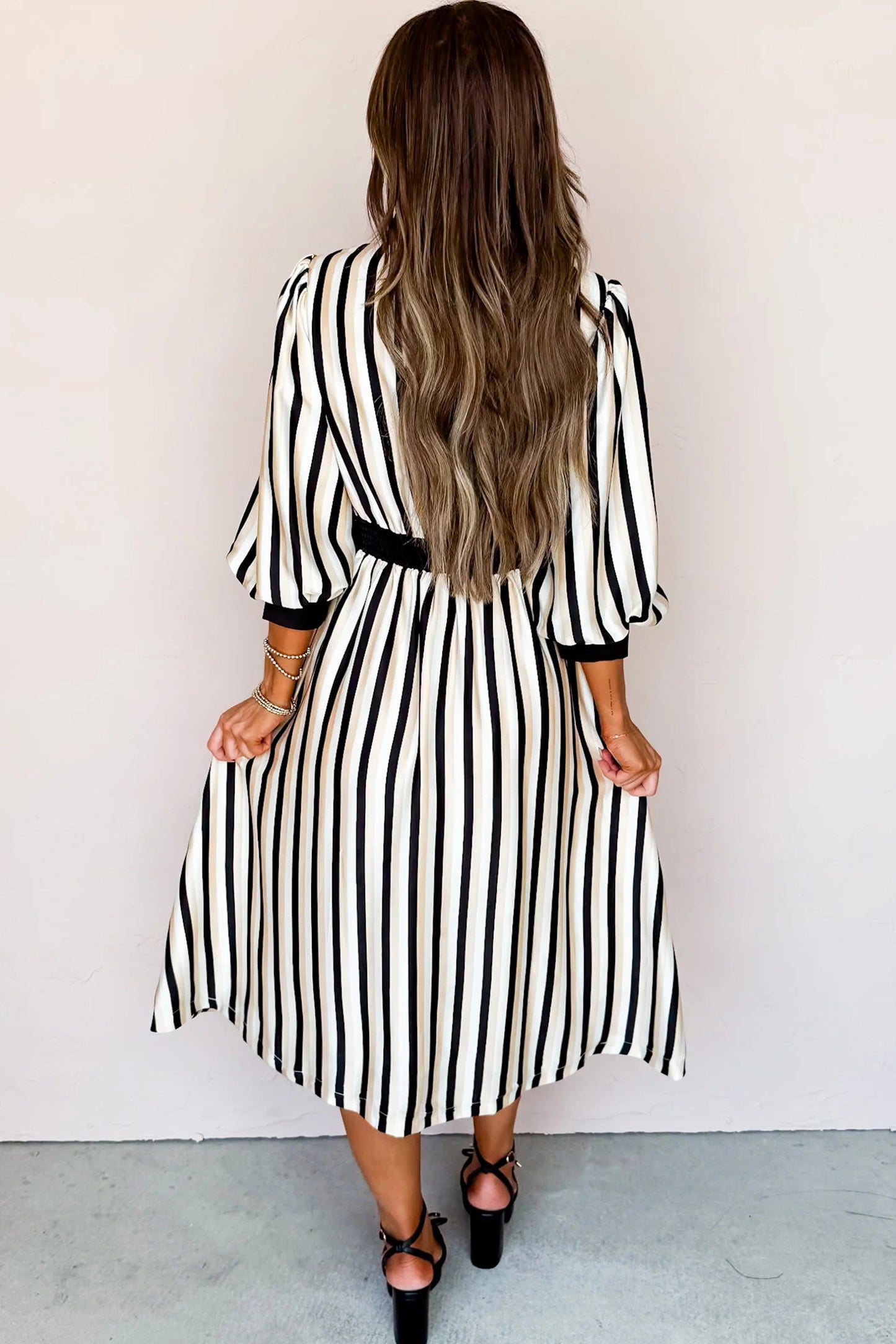 Black Stripe 3/4 Puff Sleeve Shirt Style Button Down Midi Dress - Cowaa