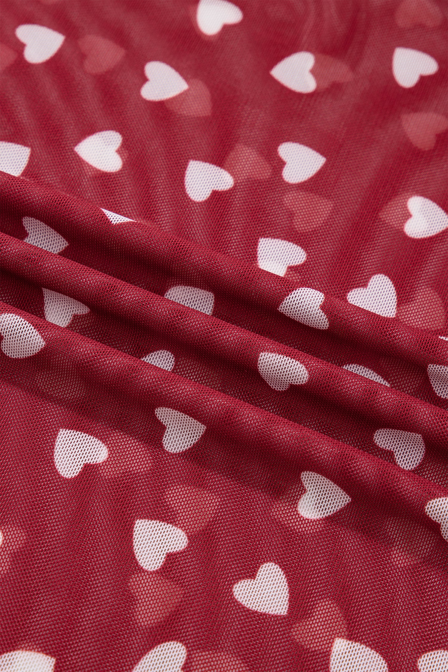 Racing Red Allover Heart Print Mesh Short Sleeve Top - Cowaa