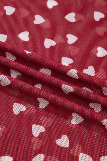 Racing Red Allover Heart Print Mesh Short Sleeve Top - Cowaa
