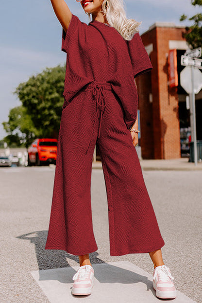 Navy Blue Textured Loose Fit T Shirt and Drawstring Pants Set - Cowaa
