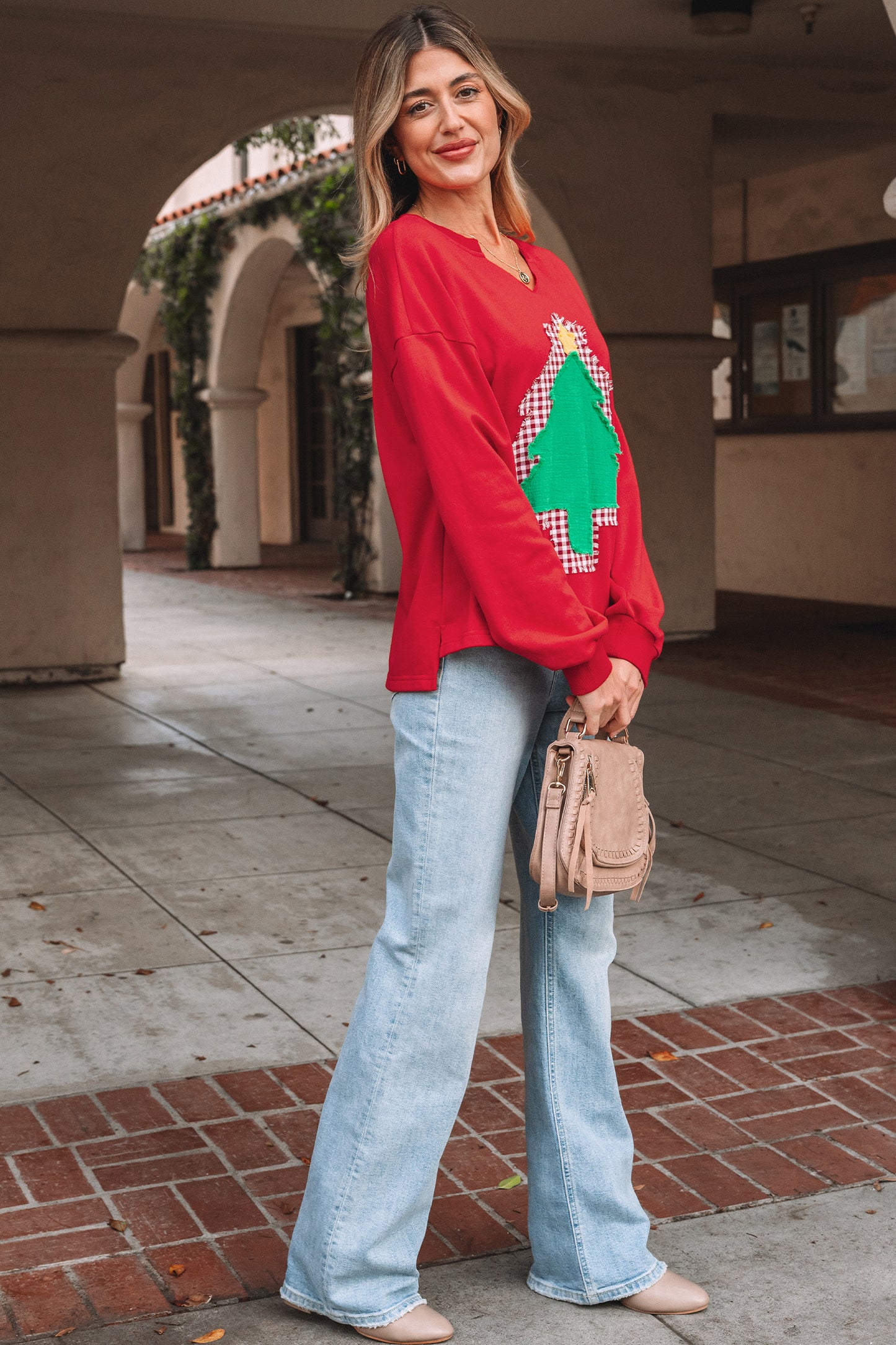 Fiery Red Plaid Frayed Double Christmas Tree Patched Drop Shoulder Sweatshirt - Cowaa