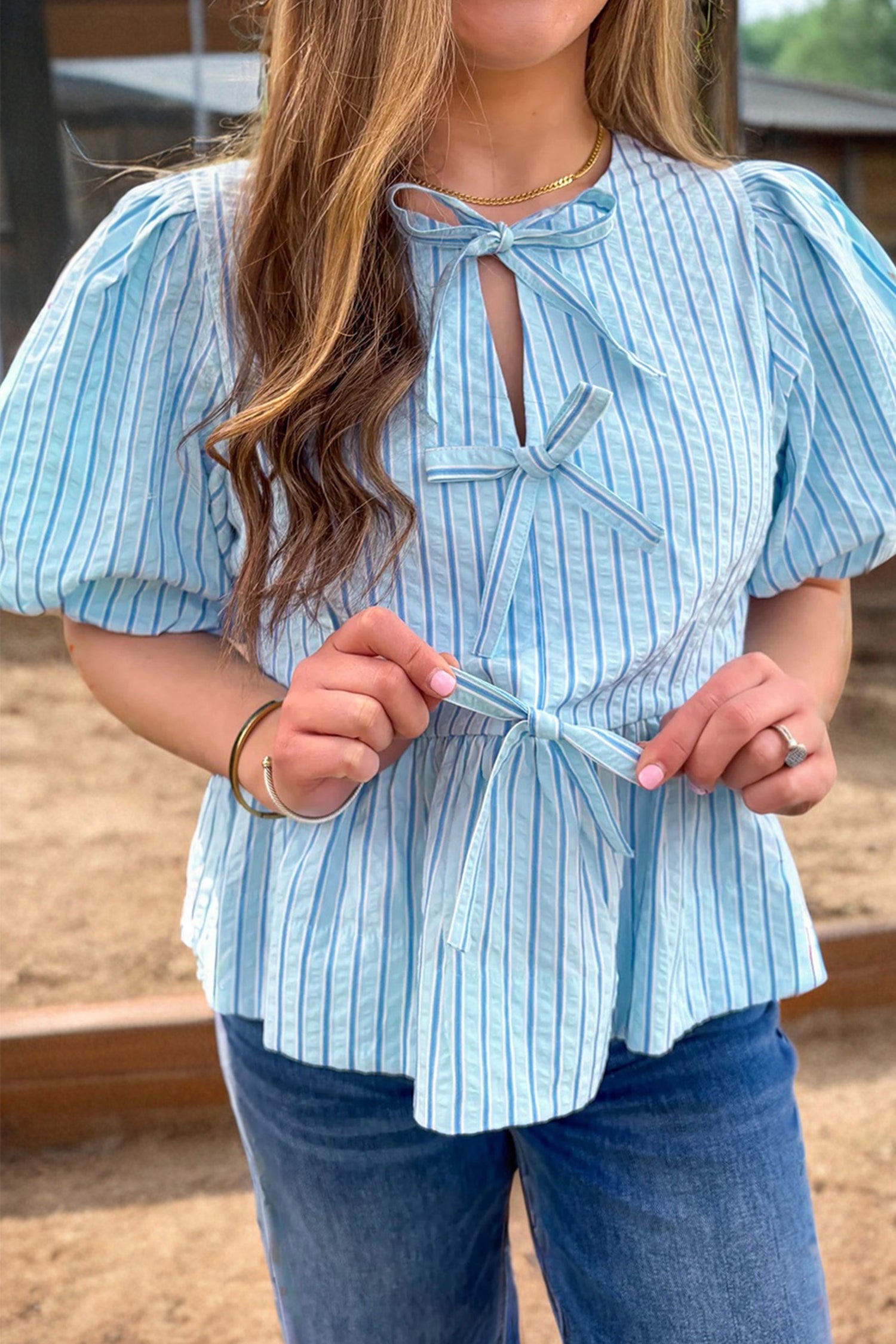 Sky Blue Stripe Bow Knot Textured Short Puff Sleeve Babydoll Blouse - Cowaa