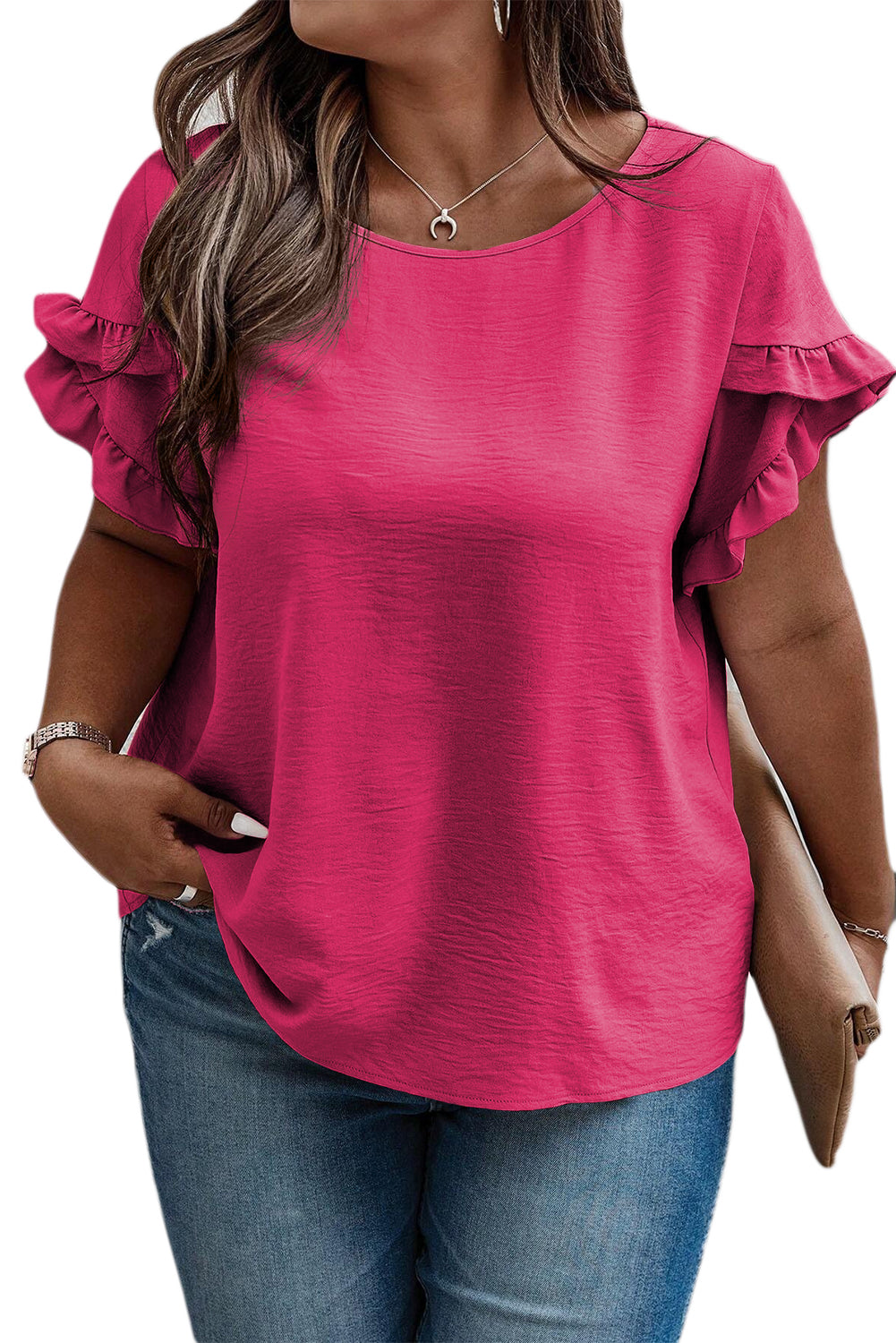Black Ruffled Short Sleeve Plus Size Top - Cowaa