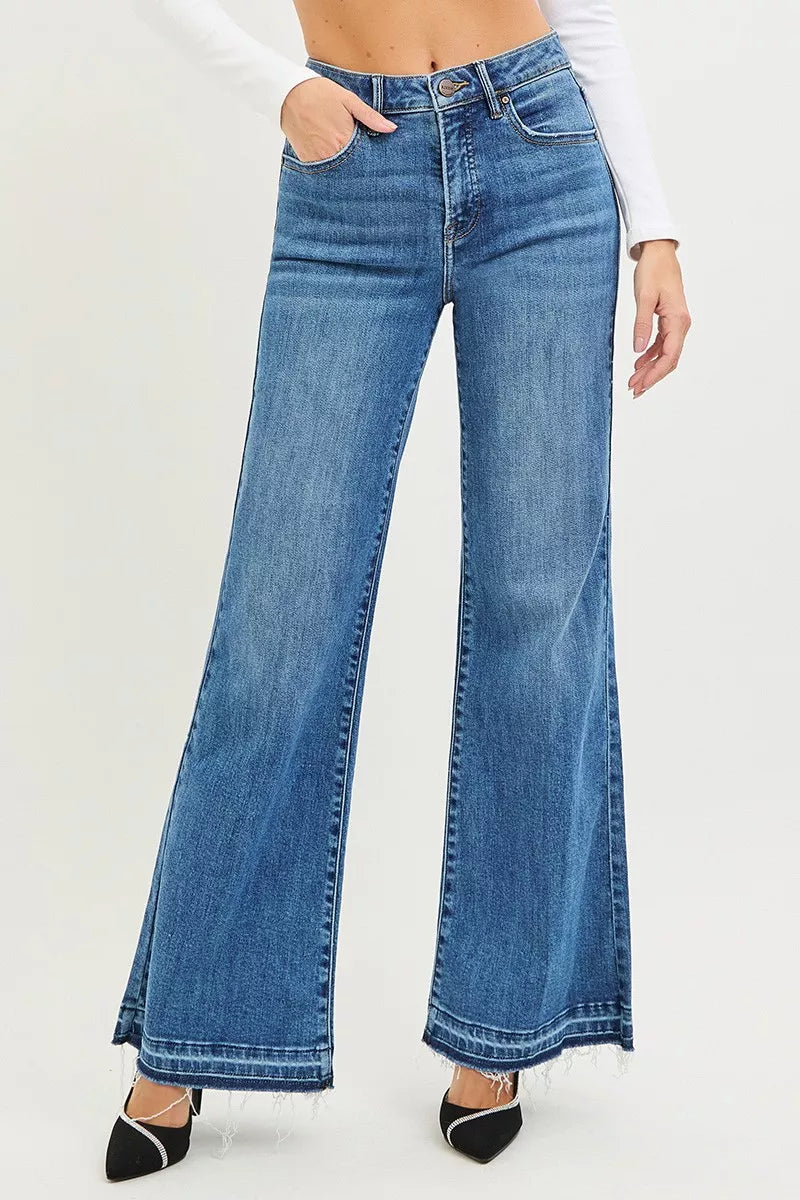 RISEN High Rise Wide Leg Jeans With Released Hem.