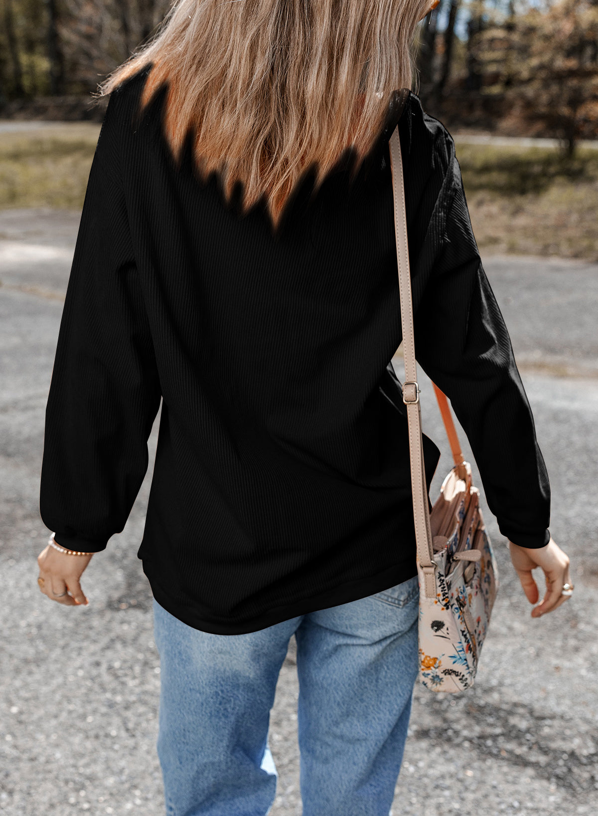 Black Rugby Game Day Embroidered Corduroy Sweatshirt - Cowaa