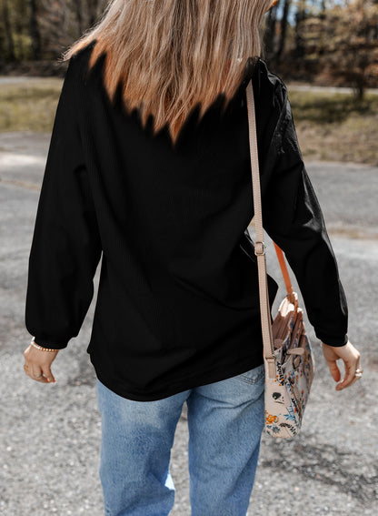 Black Rugby Game Day Embroidered Corduroy Sweatshirt - Cowaa