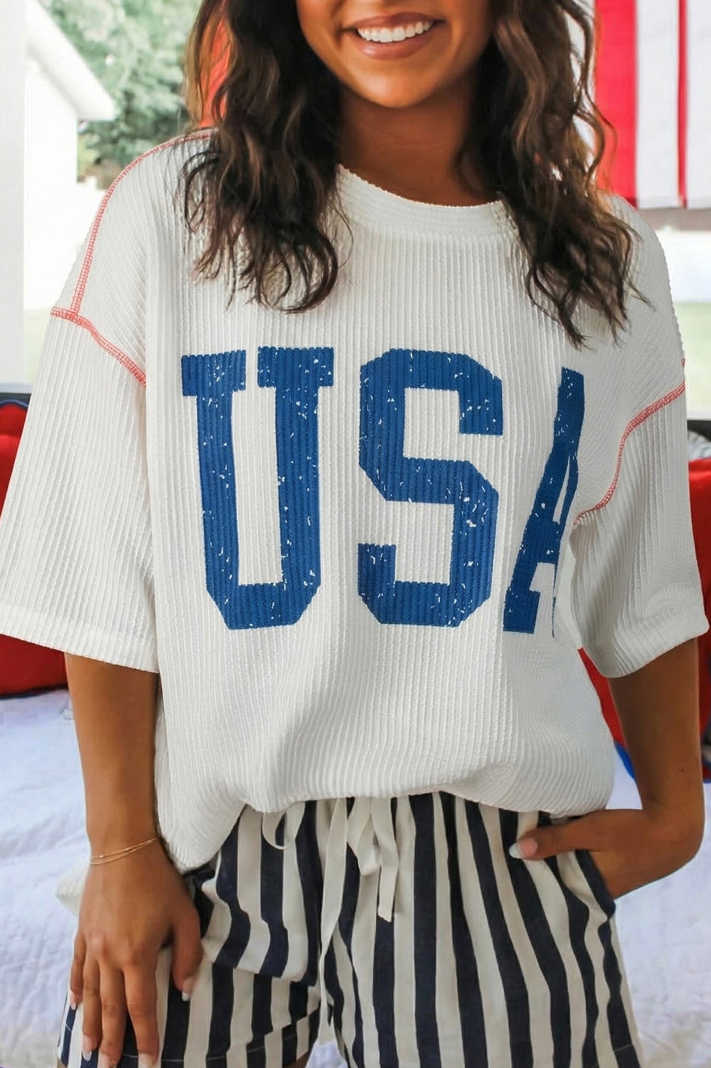 Beau Blue USA Graphic Half Sleeve Loose Ribbed Top