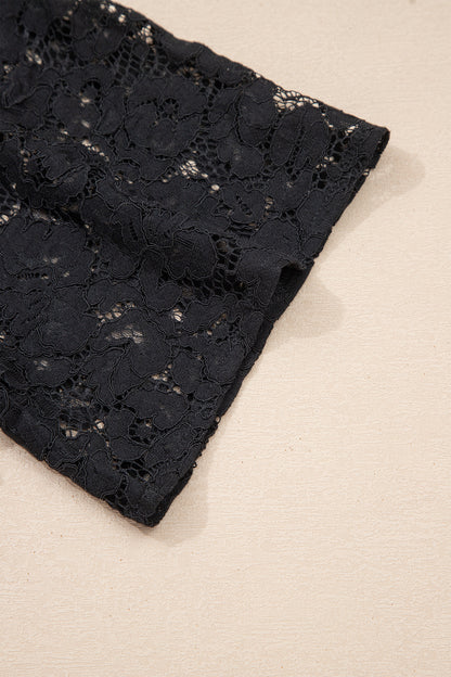 Black Floral Lace Overlay Tassel Tie Short Sleeve Beach Vacation Loose Maxi Dress - Cowaa