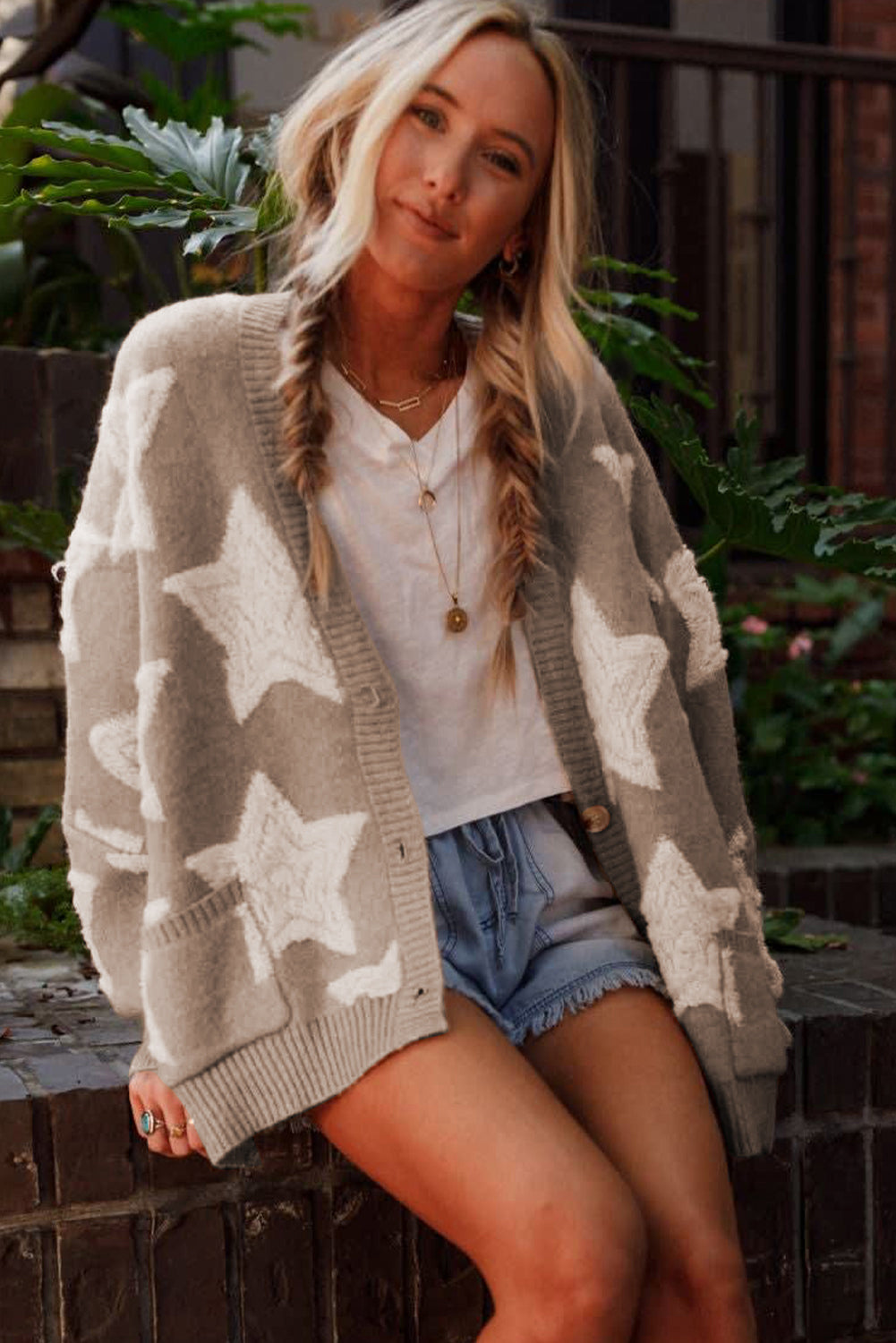Khaki Star Pattern Pockets Button Front Cardigan - Cowaa