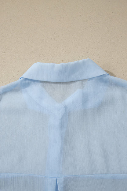 Beau Blue Sheer Tunic Shirt Drawstring Shorts 2pcs Swim Cover Up - Cowaa