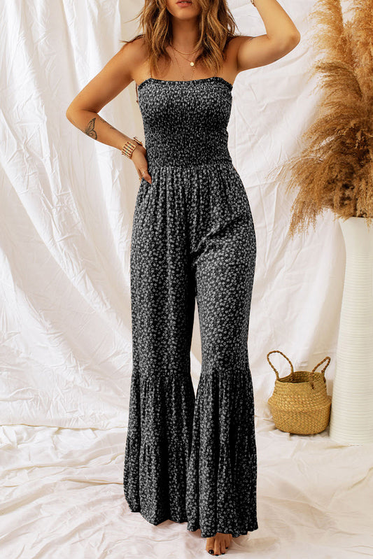 Black Floral Thin Straps Smocked Bodice Wide Leg Jumpsuit - Cowaa