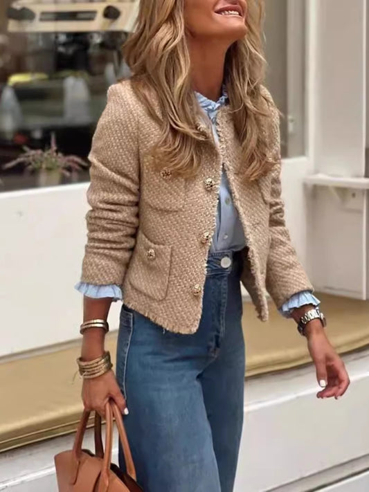Raw Hem Pocketed Round Neck Jacket - Cowaa