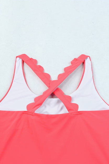 Pink Scalloped Criss Cross High Waist Bikini - Cowaa