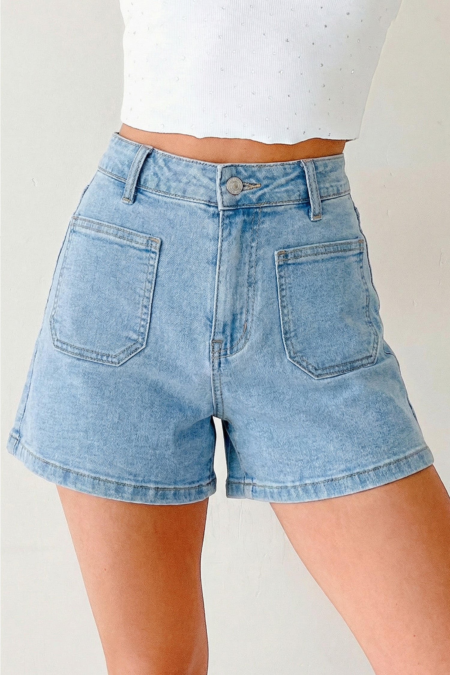 Myosotis High Rise Patch Pocket Denim Shorts.
