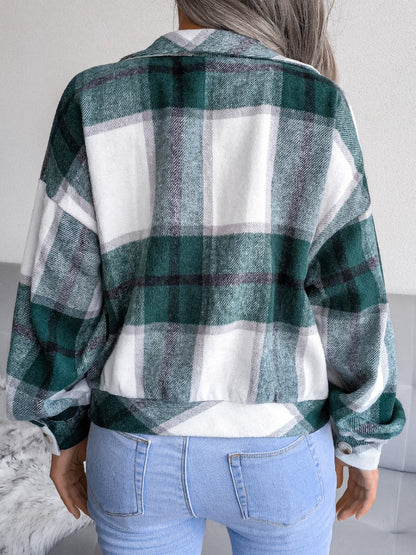 Plaid Collared Neck Long Sleeve Jacket - Cowaa
