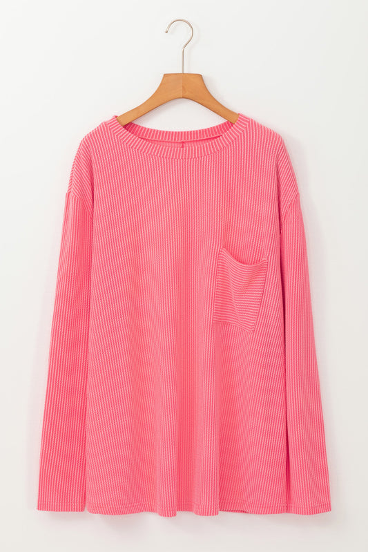 Peach Blossom Plus Size Ribbed Textured Long Sleeve T Shirt - Cowaa