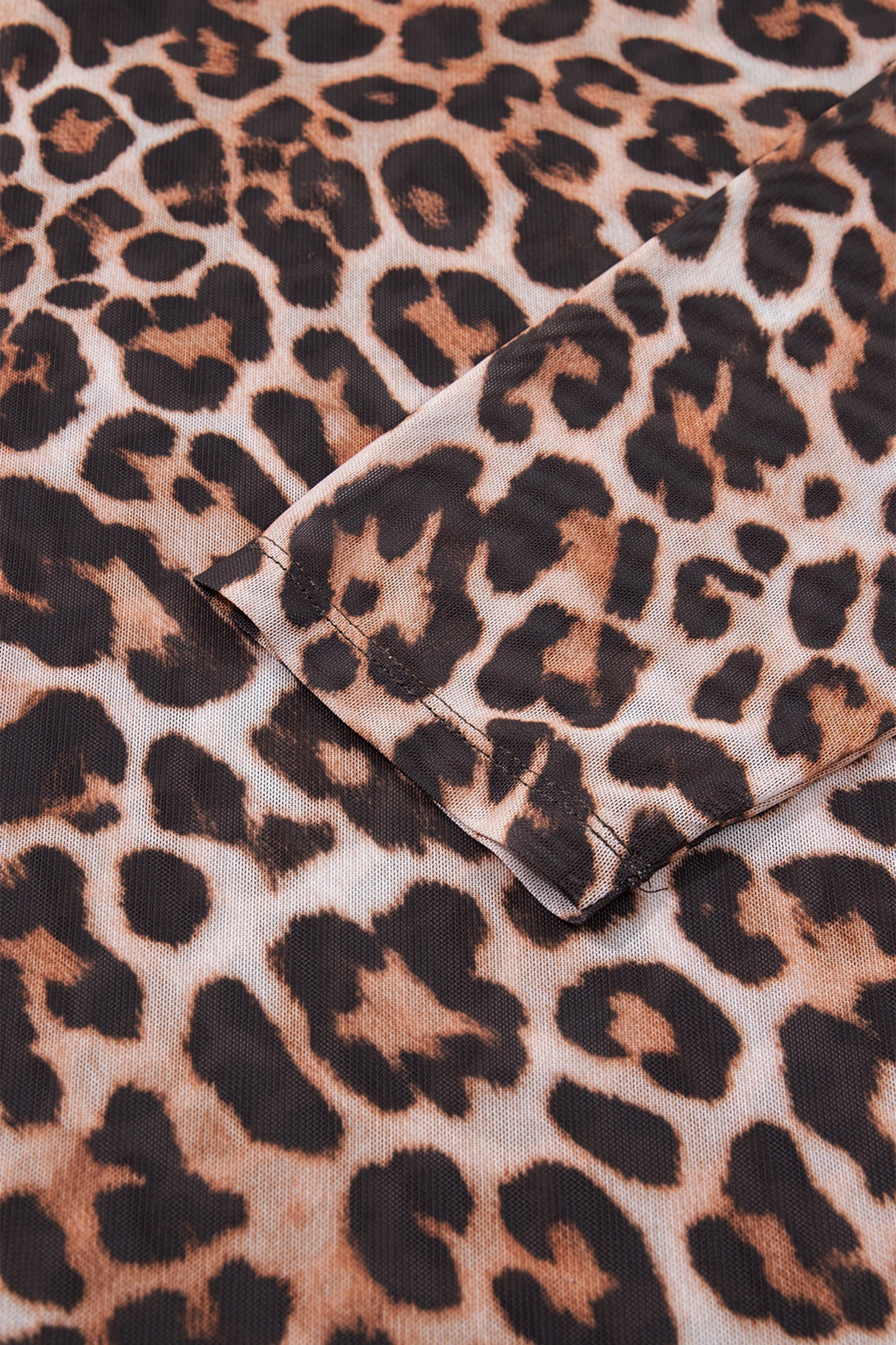 Brown Plus Size Mock Neck Leopard Mesh Top - Cowaa